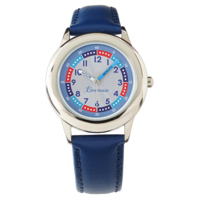 Fun Modern Blue Stylish Individuelle Name Kinder b Armbanduhr (Vorderseite)