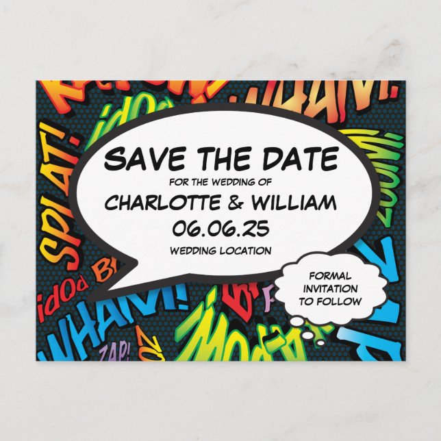 Fun Modern Comic Book Save the Date Hochzeit Postkarte (Vorderseite)