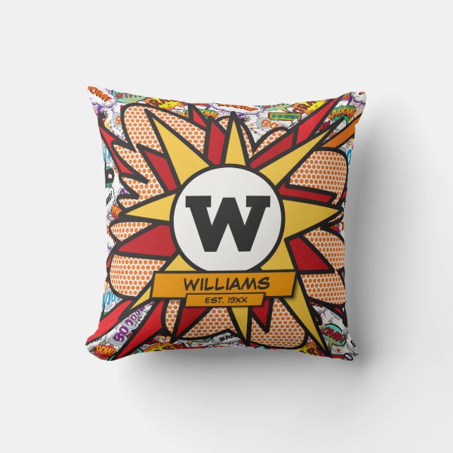 Fun Modern Family Name Monogram Comic Book Kissen (Vorderseite)
