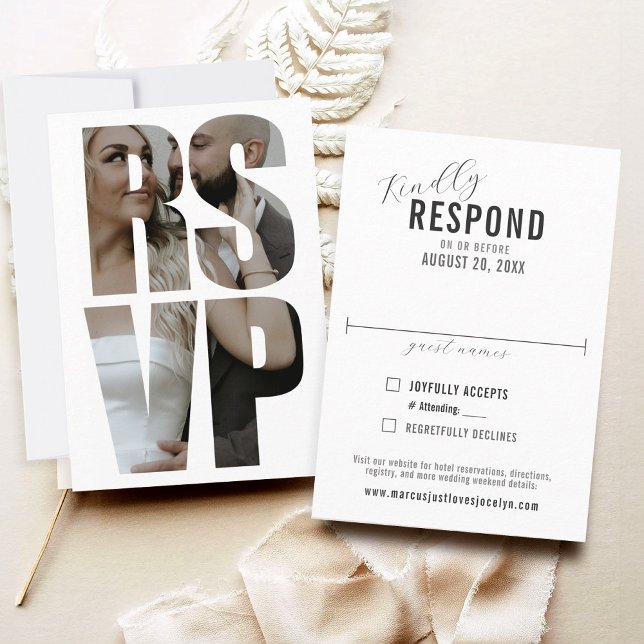 Fun Modern Foto Words Wedding Formal RSVP Card Karte (Simple fun minimalist RSVP word photo frame typography formal wedding RSVP card with wedding website)