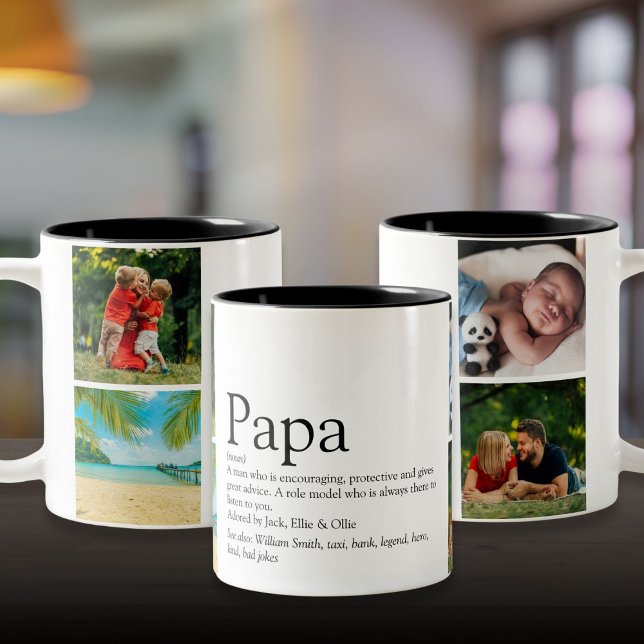 Fun Modern Papa Definition Zitat Collage Zweifarbige Tasse (Fun Modern Papa Definition Quote Photo Collage Two-Tone Coffee Mug)
