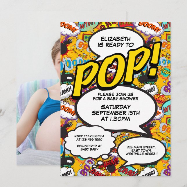 Fun Modern Ready to Pop Baby Shower Comic Foto Einladung (Vorne/Hinten)