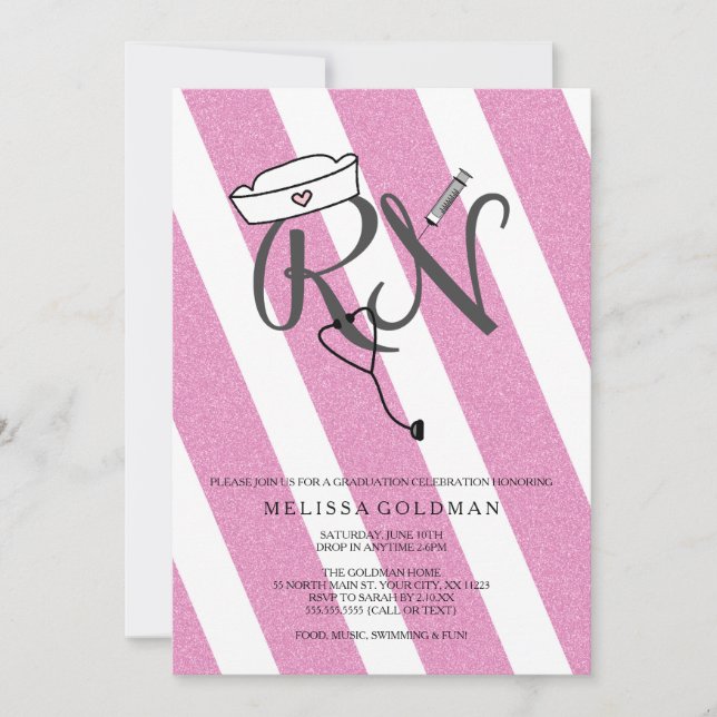 FUN MODERN RN Abschluss lädt heißen rosa Glitzer e Einladung (Vorderseite)
