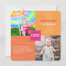 Fun Modern Square ONE Foto Baby Girl 1. Geburtstag Einladung