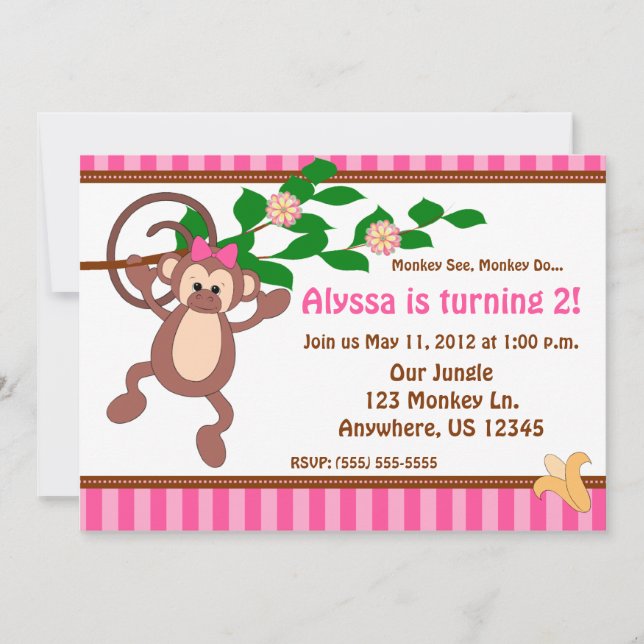 Fun Monkey Girls Personalisiert Geburtstagsmilch Einladung (Vorderseite)