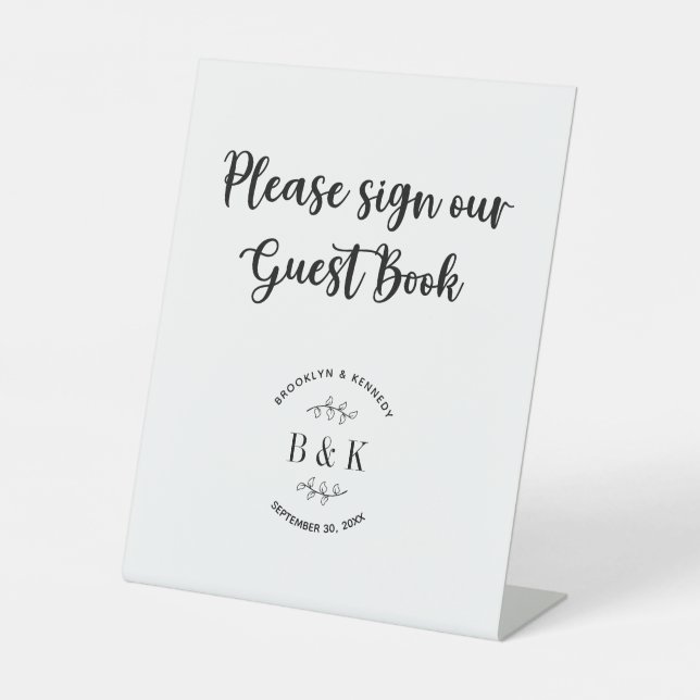 Fun Monogram Floral Botanical Wedding Guest Book Sockelschild (Vorderseite)