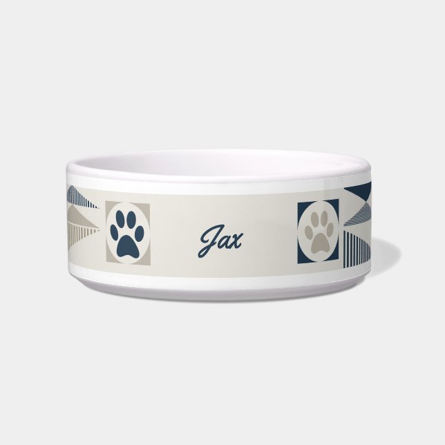 Fun Monogram Geometric Blue/Tan Pet Bowl mit Paws Napf (Vorderseite)