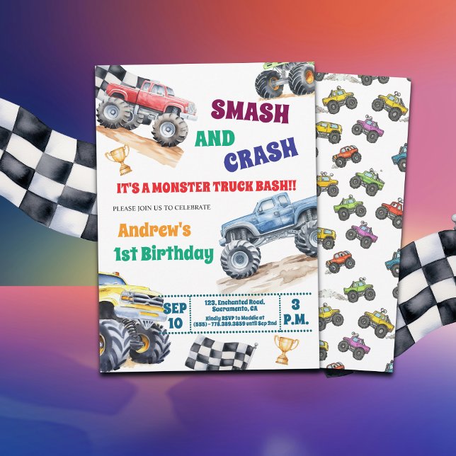 Fun Monster Trucks 1st Birthday Party Invitation Einladung (Von Creator hochgeladen)