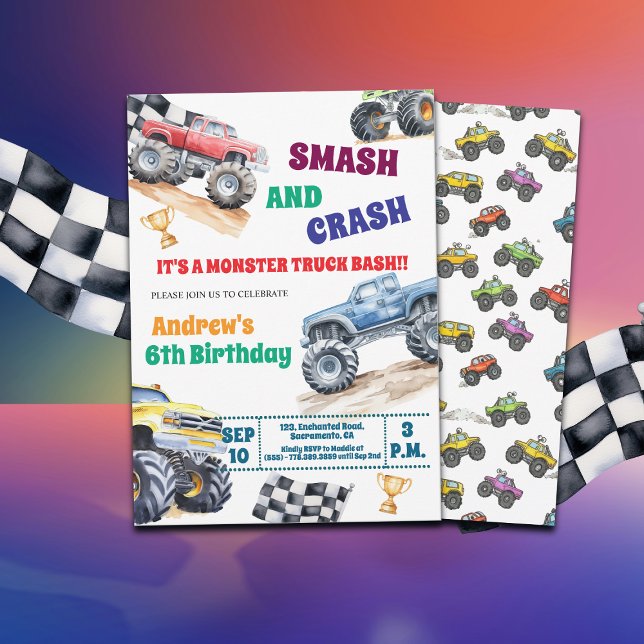 Fun Monster Trucks 6th Birthday Party Invitation (Créateur téléchargé)