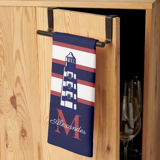 Fun Nautical Red White Navy Blue Stripe Leuchtturm Geschirrtuch (Drittel gefaltet)