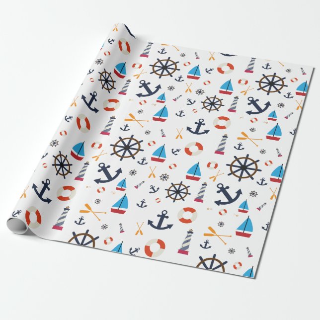 Fun Nautical Sailboat Leuchtturm Ocean Sea Muster Geschenkpapier (Ungerollt)
