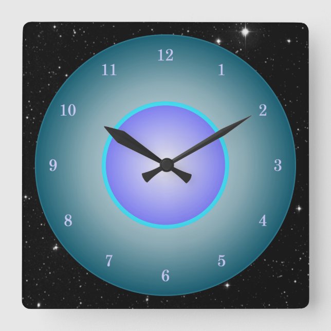 Fun Neon Aqua/Purple/Blue w/Stars Quadratische Wanduhr (Vorderseite)
