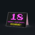 Fun, Nerdy, Geeky, Pink, 8-Bit Style 18th Birthday Karte<br><div class="desc">The front of this fun, nerdy, and geeky birthday greeting card design feature a large pink number "18", along with the message "HAPPY BIRTHDAY" in pink and a bold yellow customizable recipient name. The text has a look inspirred by that of vintage 8-bit style video/computer game graphics from the 1970s...</div>