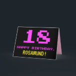 Fun, Nerdy, Geeky, Pink, 8-Bit Style 18th Birthday Karte<br><div class="desc">The front of this fun, nerdy, and geeky birthday greeting card design feature a large pink number "18", along with the message "HAPPY BIRTHDAY" in pink and a bold yellow customizable recipient name. The text has a look inspirred by that of vintage 8-bit style video/computer game graphics from the 1970s...</div>