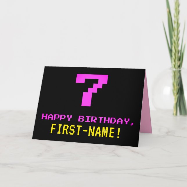 Fun, Nerdy, Geeky, Pink, 8-Bit Style 7th Birthday Karte (Vorderseite)