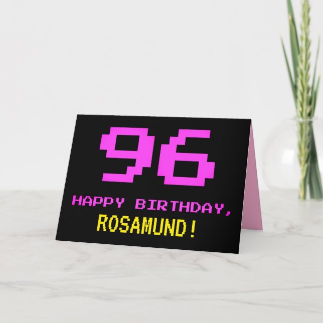 Fun, Nerdy, Geeky, Pink, 8-Bit Style 96th Birthday Karte (Vorderseite)