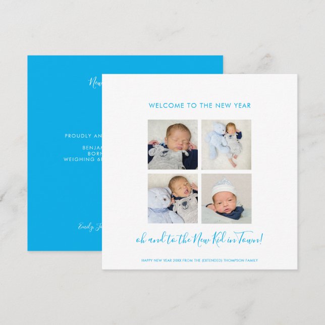 Fun New Baby Happy New Year 4 Foto Collage Blue (Vorne/Hinten)