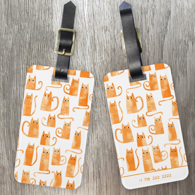 Fun Orange Cat Watercolor Gepäckanhänger (Fun Orange Ginger Cat watercolor personalized contact phone number luggage tag for animal lovers)