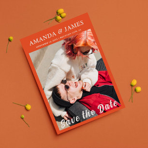Fun Orange Couple Foto Skript Save the Date Einladung