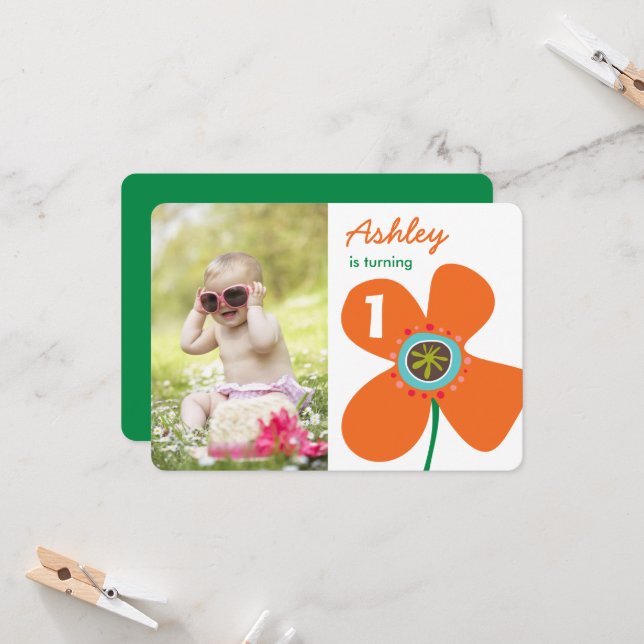 Fun Orange Daisy Pop Niedliches Foto Girl 1. Gebur Einladung (Vorderseite/Rückseite Beispiel)