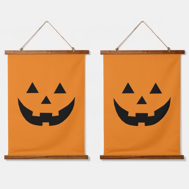 Fun orange Kürbislaterne Kürbisgesicht Halloween Wandteppich Mit Holzrahmen (Doppelt)