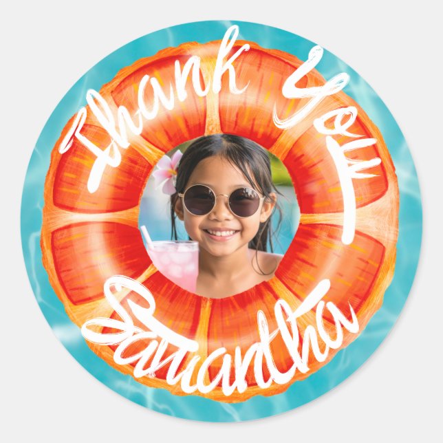 Fun Orange Pool Party Thank You Runder Aufkleber (Vorderseite)