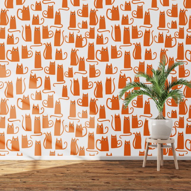 Fun Orange und White Cat Muster Tapete (Orange cats on white art wallpaper)