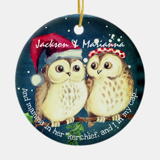Fun Owl Couple Night vor Weihnachten Keramik Ornament (Vorne)