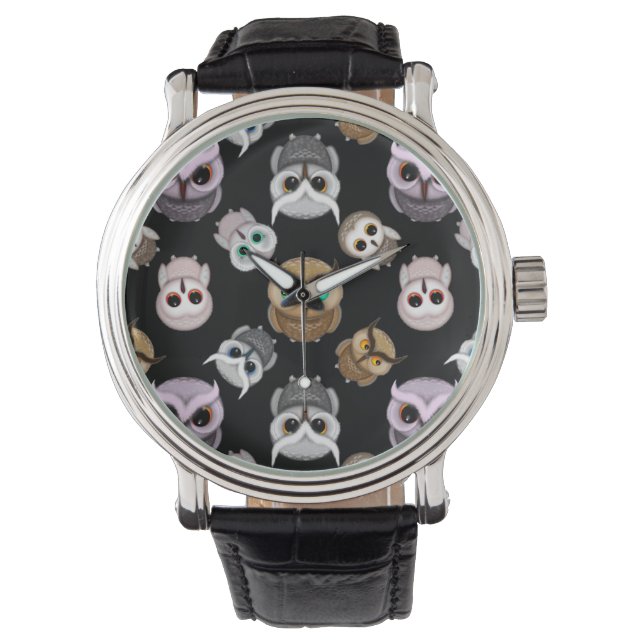 Fun Owl Muster auf schwarzem Hintergrund Armbanduhr (Vorderseite)