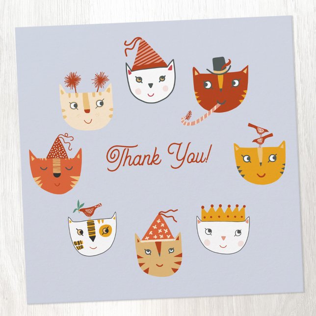Fun Party Carte de remerciements (Cute party cat themed personalized thank you card with custom text)