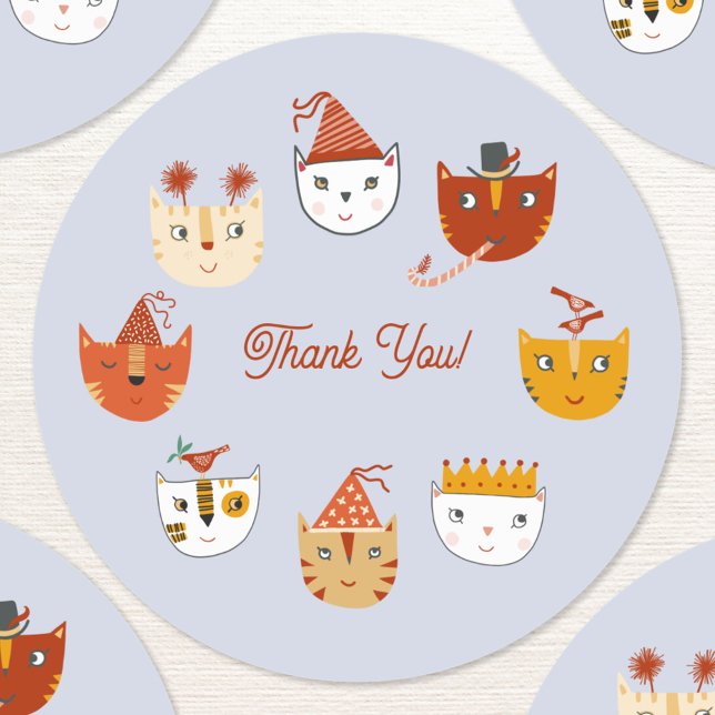 Fun Party Cat Vielen Dank Runder Aufkleber (Cute party cat thank you sticker)