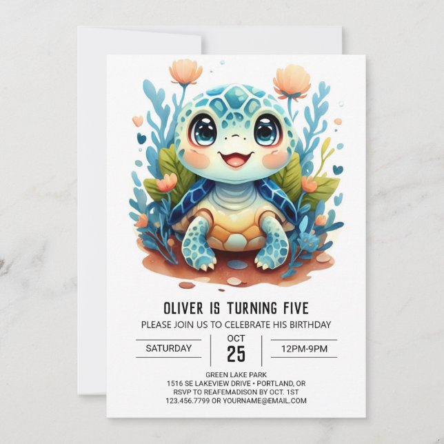Fun Pastel Custom Turtle Boy Geburtstag Einladung (Vorderseite)