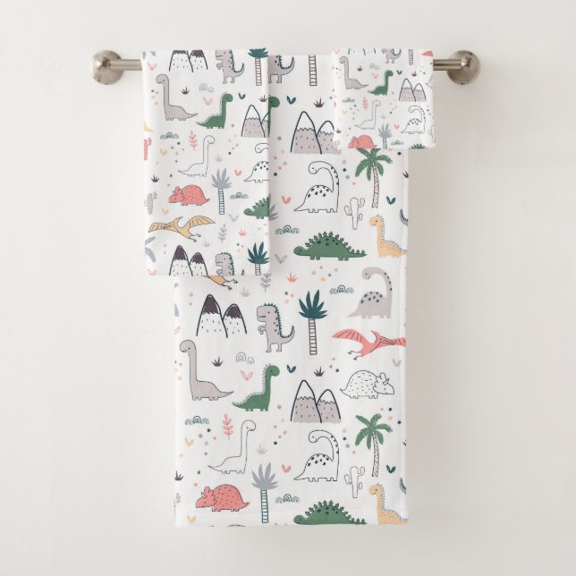 Fun Pastel Dinosaur Scene Pattern Badhandtuch Set (Insitu)