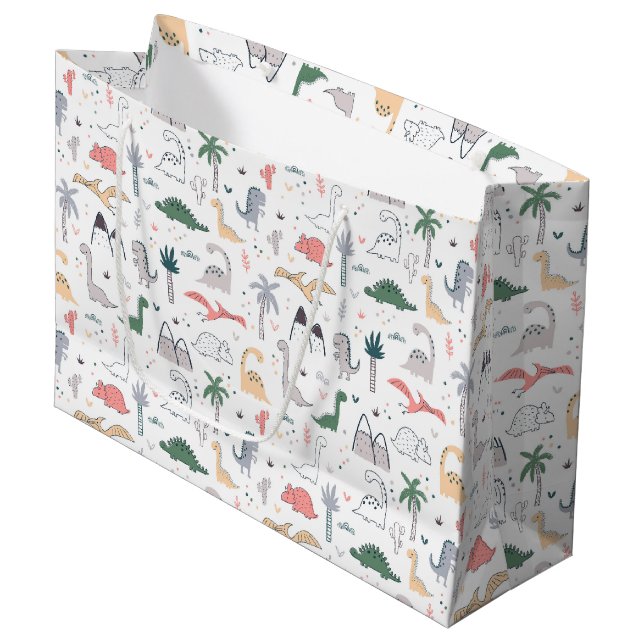 Fun Pastel Dinosaur Scene Pattern Große Geschenktüte (Vorderseite Schrägansicht)