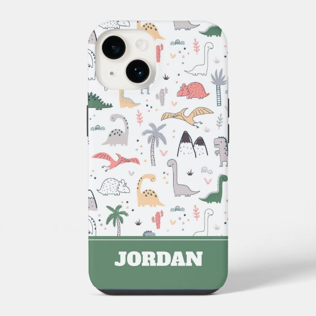 Fun Pastel Dinosaur Scene Pattern iPhone 14 Hülle (Rückseite)