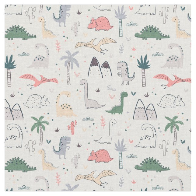 Fun Pastel Dinosaur Scene Pattern Stoff (Nahaufnahme)