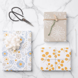 Fun Pastel Floral Modernes Blue Taupe Gelb Geschenkpapier Set