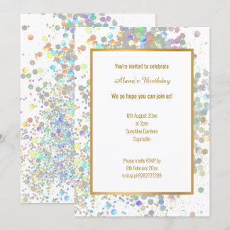 FUN PASTEL RAINBOW WHITE HOLOGRAPHIC SPOT GEBURTST EINLADUNG