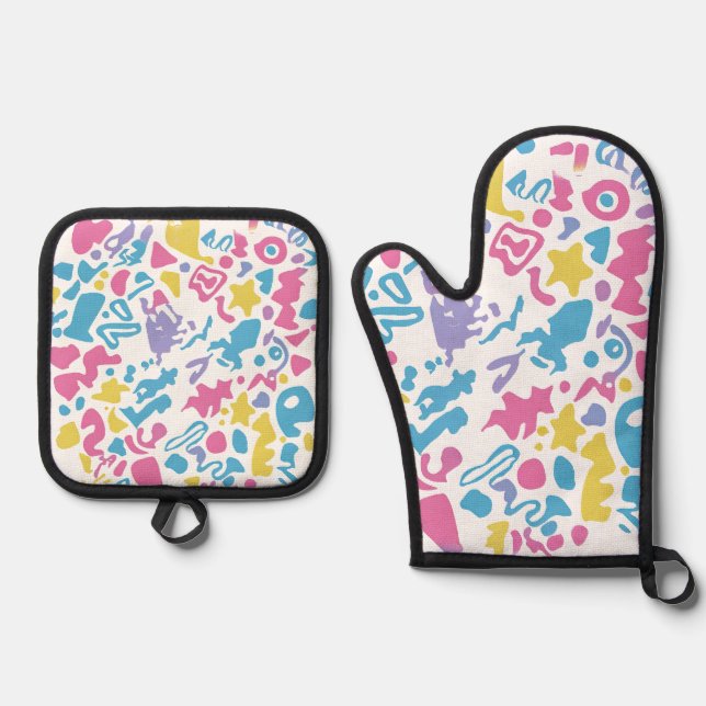Fun pastellfarbene, lebendige Formen Ofenhandschuh & Topflappen-Set (Vorderseite)