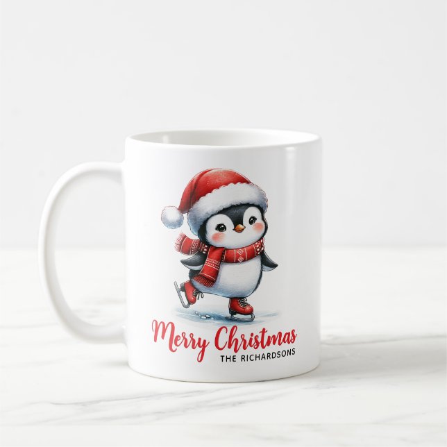 Fun Penguin Ice Skater Weiß Rot Frohe Weihnachten Kaffeetasse (Links)