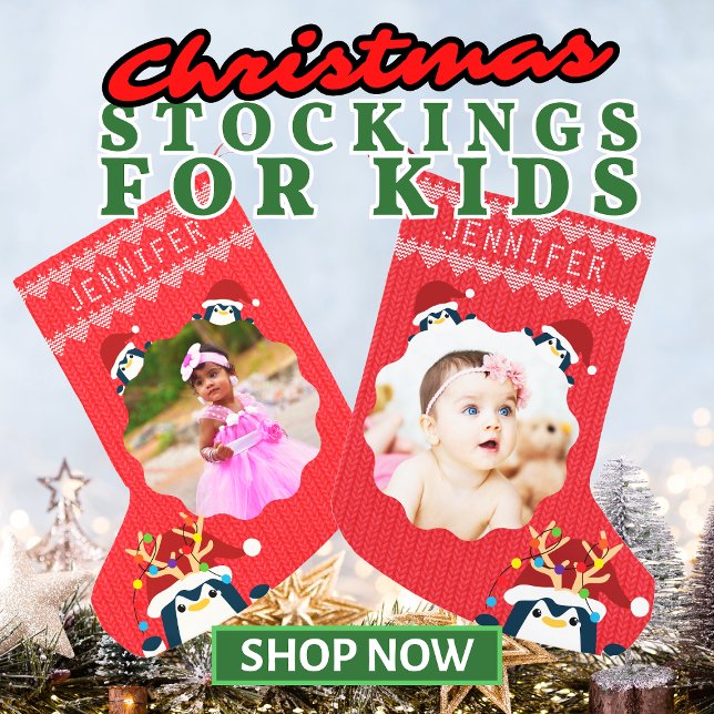 Fun Penguin Ihr Foto Name Niedlich Baby Kleinkind  Kleiner Weihnachtsstrumpf (Penguins Christmas Stockings for Kids and Toddlers with Custom Name & Photo Christmas Sweater Style)