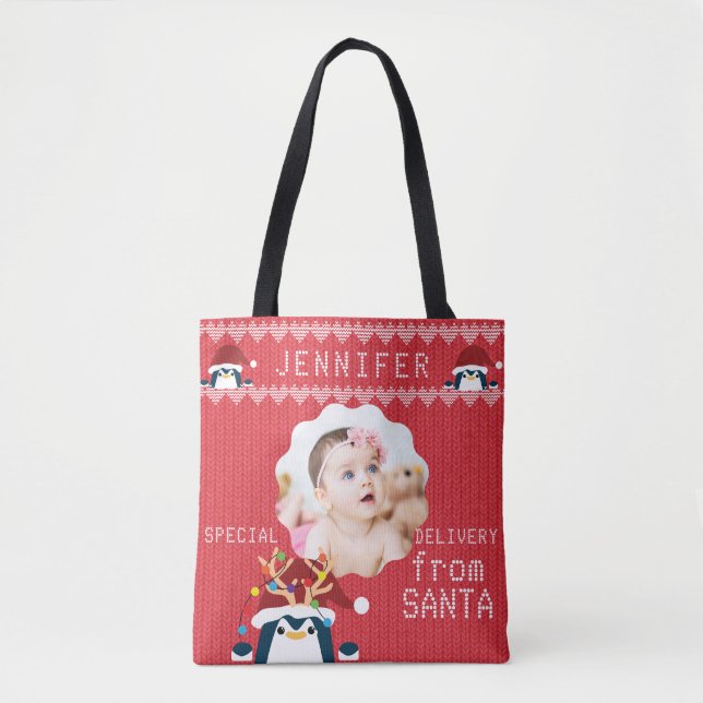 Fun Penguin Ihr Foto Name Niedlich Baby Kleinkind  Tasche (Vorderseite)