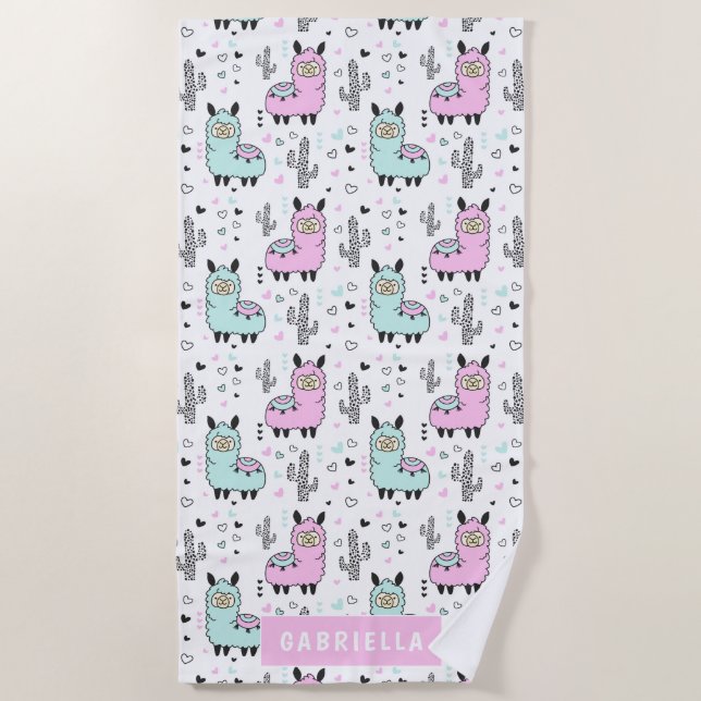 Fun Personalisiert Blue & Pink Llama Strandtuch (Vorderseite)