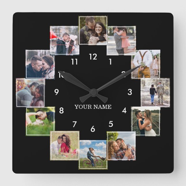 Fun Photo Collage Couple's Black Large Clock Quadratische Wanduhr (Vorderseite)