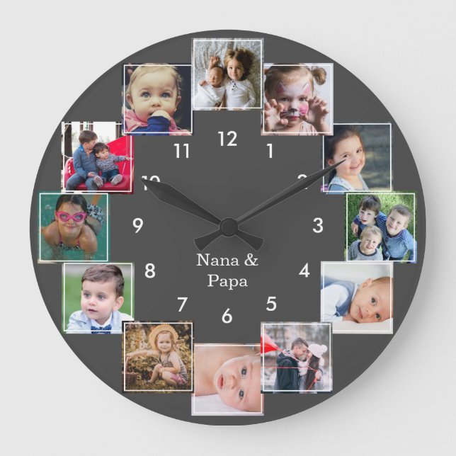 Fun Photo Collage Family Gray Große Wanduhr (Vorderseite)
