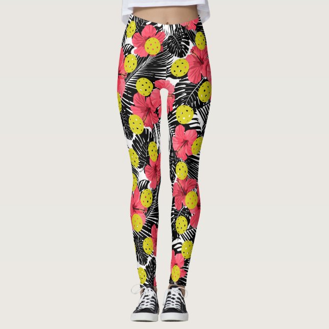Fun Pickleball Tropical Red Hibiskus Blume Sports Leggings (Vorderseite)