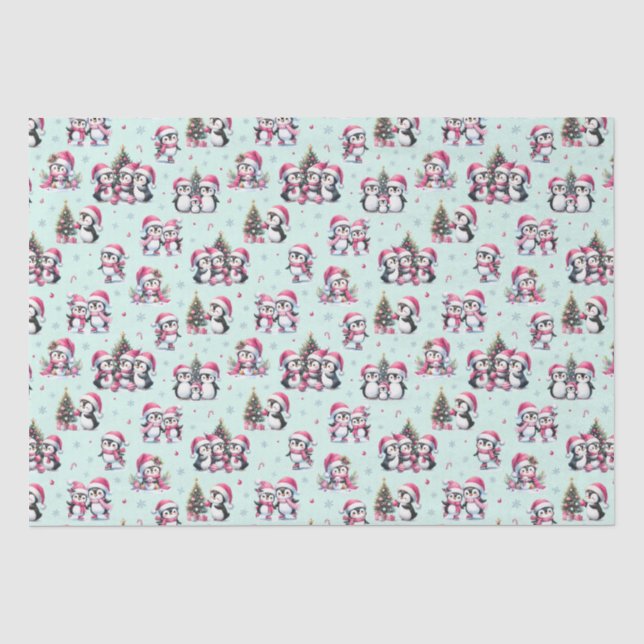Fun Pinguins Muster Minze Grün und Rosa Weihnachte Seidenpapier (Vorderseite)