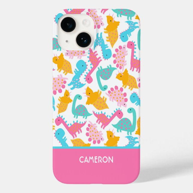 Fun Pink & Aquamarin Dinosaurier Muster Case-Mate iPhone 14 Hülle (Rückseite)