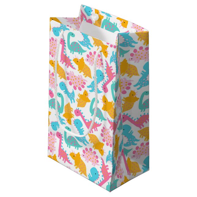 Fun Pink & Aquamarin Dinosaurier Muster Kleine Geschenktüte (Vorderseite Schrägansicht)