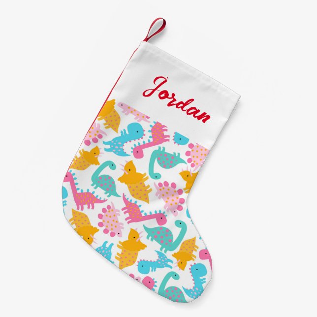 Fun Pink & Aquamarin Dinosaurier Muster Kleiner Weihnachtsstrumpf (Vorderansicht (hängend))